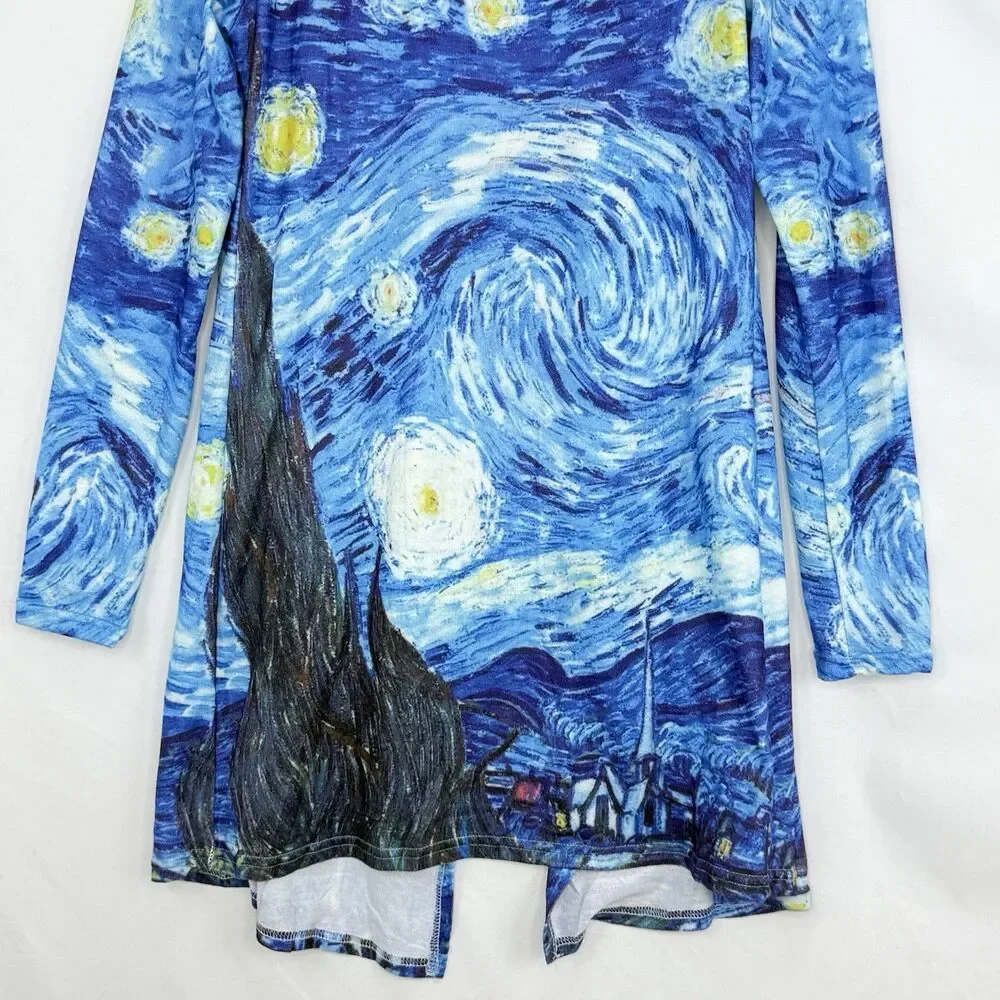 Starry Night Print Open Front Cardigan Women Size M Blue Art Knit